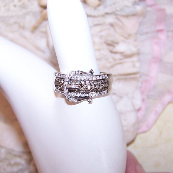 Vintage Sterling Silver Lab Diamond Buckle Ring - Size 8 - Picture 2 of 10